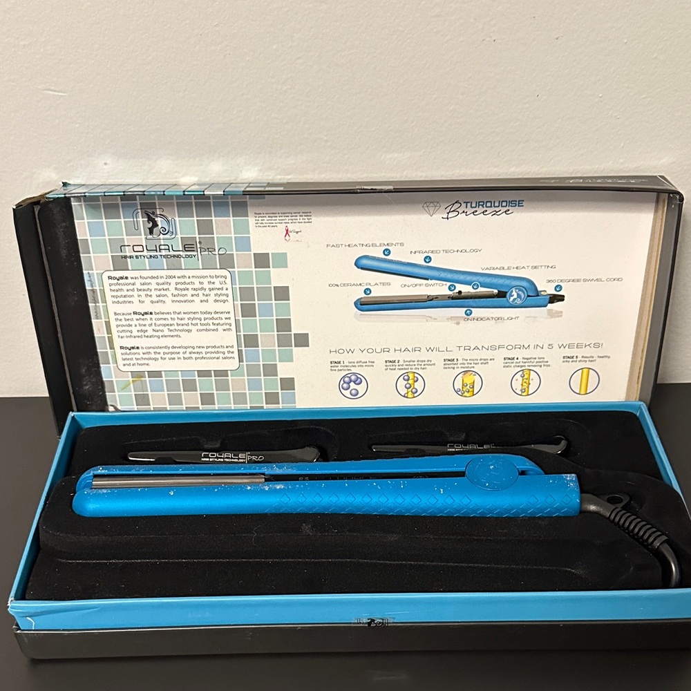Royale Pro Turquoise Breeze Hair Straightener with 2 Clips. NWT